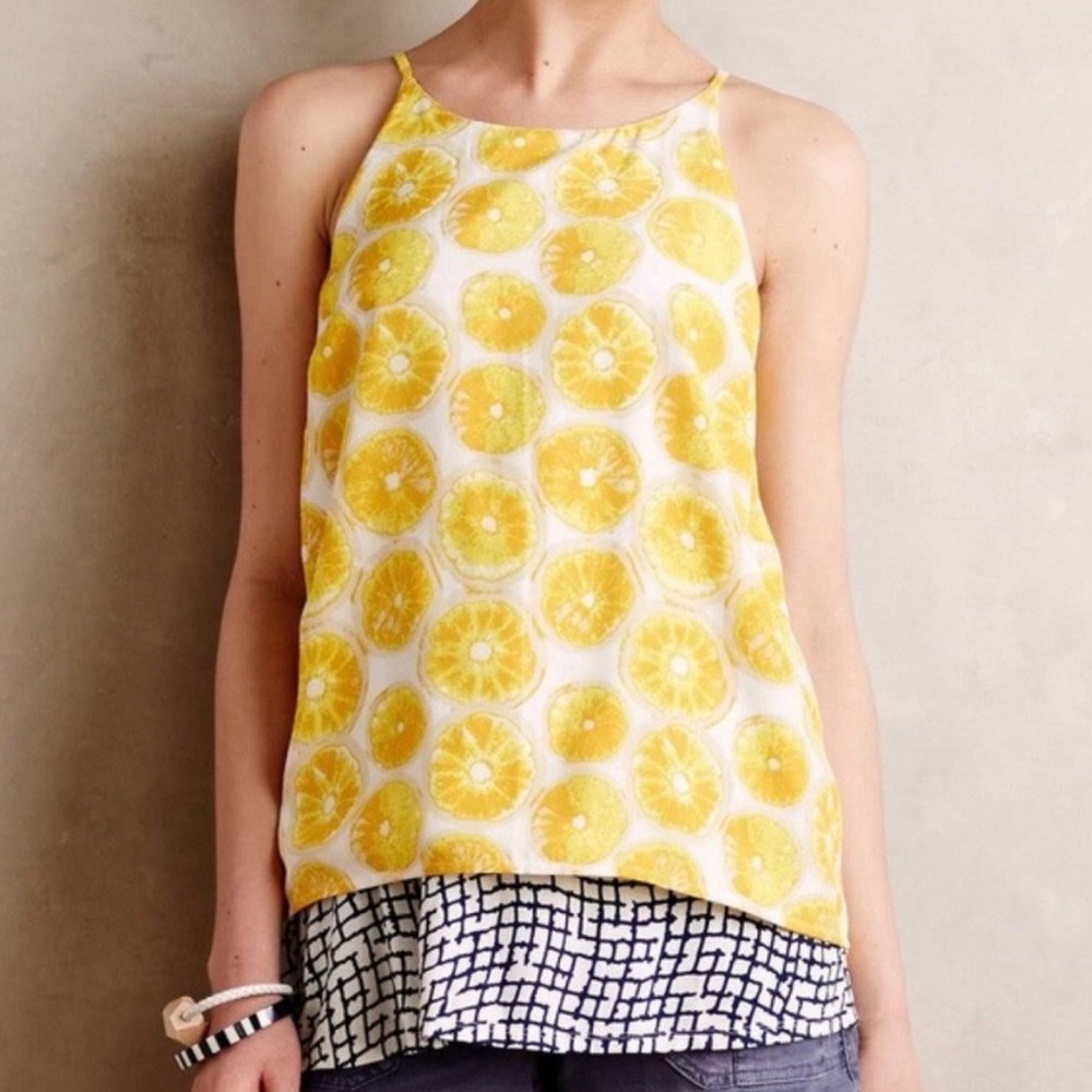 Anthropologie Yellow Citrus Print Layered Tank Top